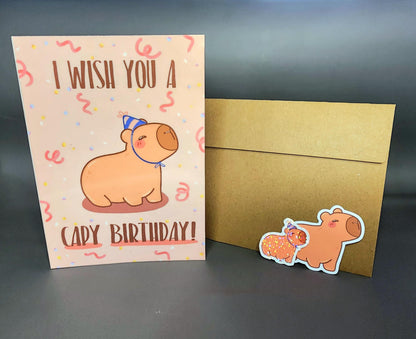 Cappy Birthday Party Hat Capybara Card With Stickers Bundle