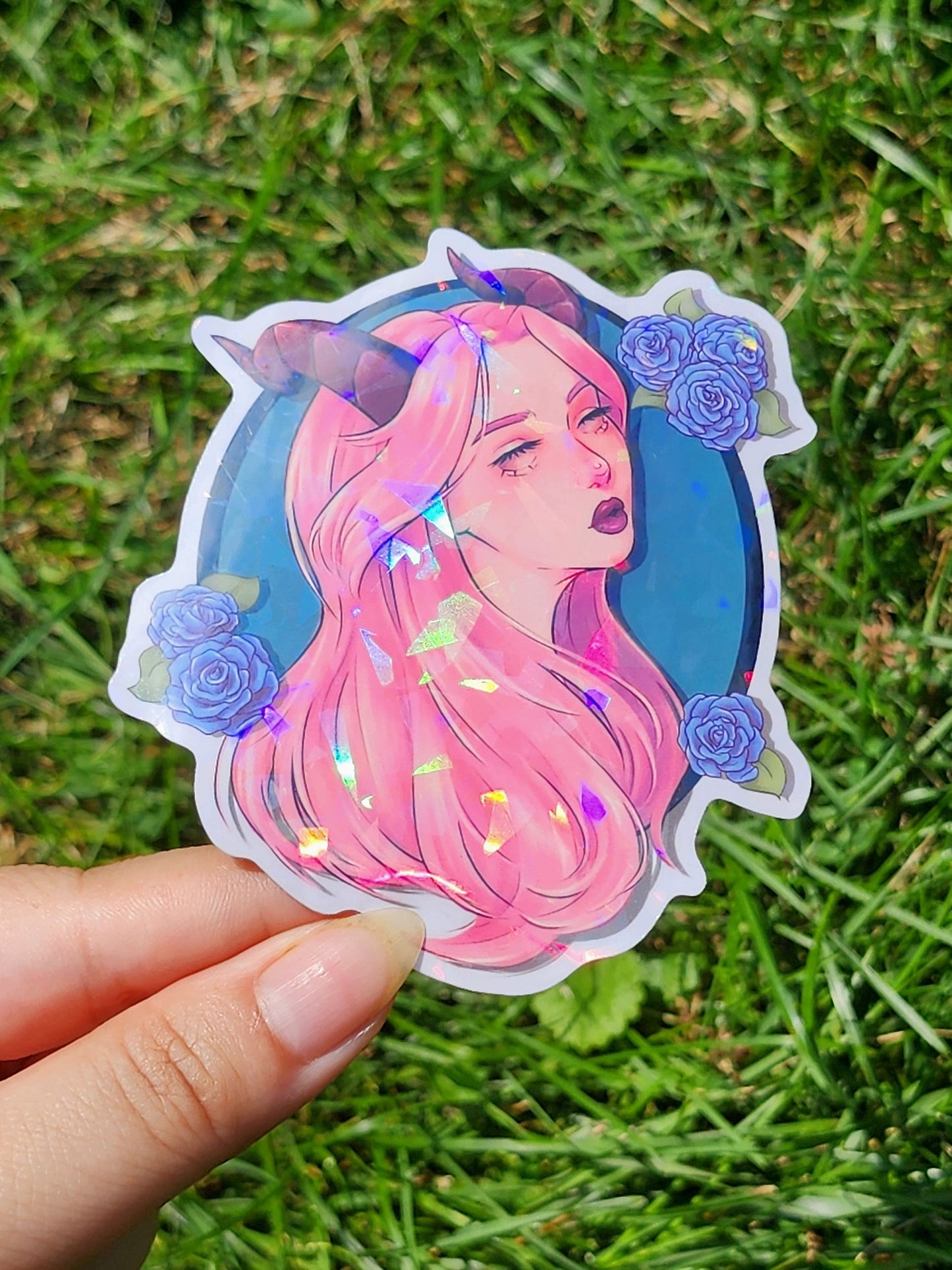 Horned Demon Girl Holographic Vinyl Sticker