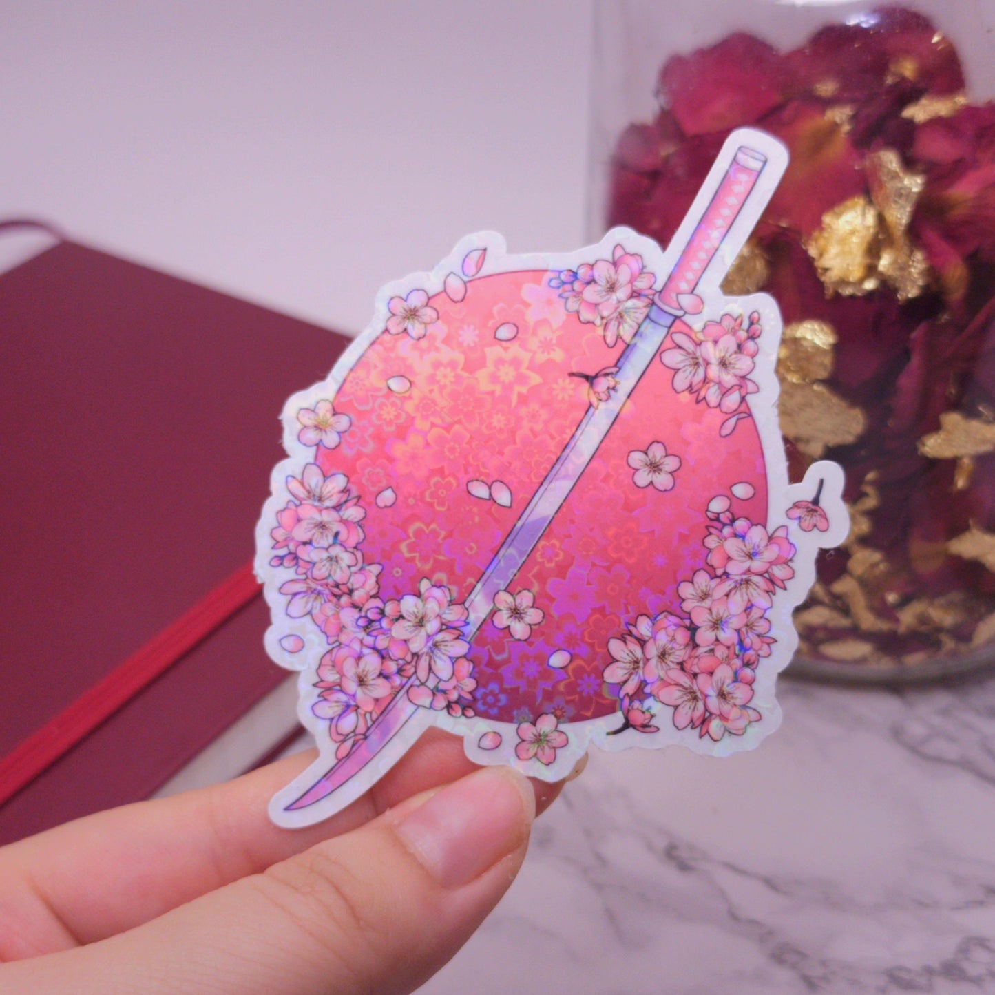 Sakura Cherry Blossom Katana Sword Holographic Vinyl Sticker