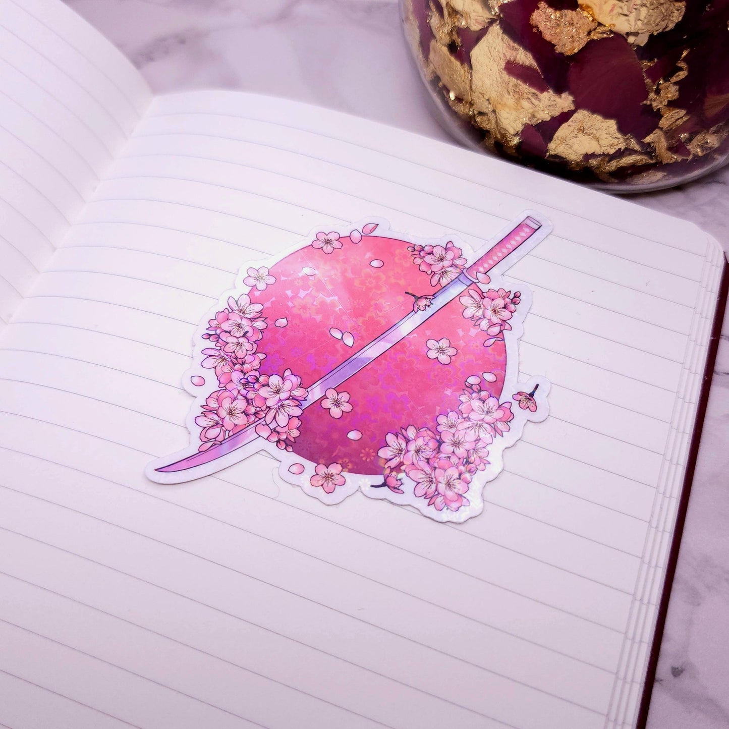 Sakura Cherry Blossom Katana Sword Holographic Vinyl Sticker