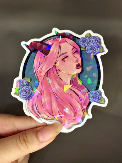 Horned Demon Girl Holographic Vinyl Sticker
