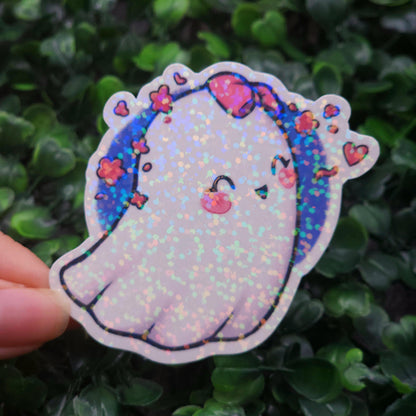 Blushing Girly Heart Ghost Vinyl Sticker