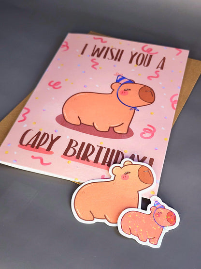 Cappy Birthday Party Hat Capybara Card With Stickers Bundle