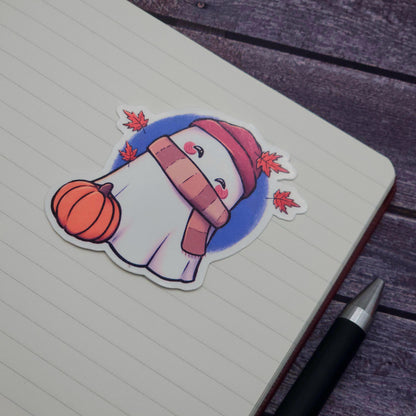 Cozy Autumn Pumpkin Ghost Vinyl Sticker