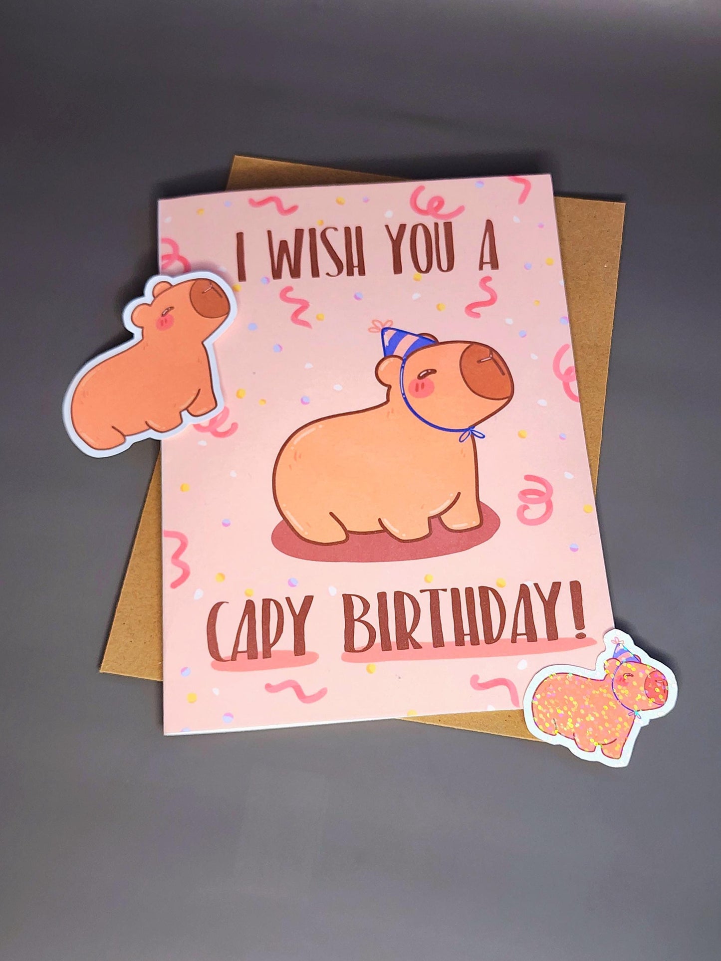 Cappy Birthday Party Hat Capybara Card With Stickers Bundle