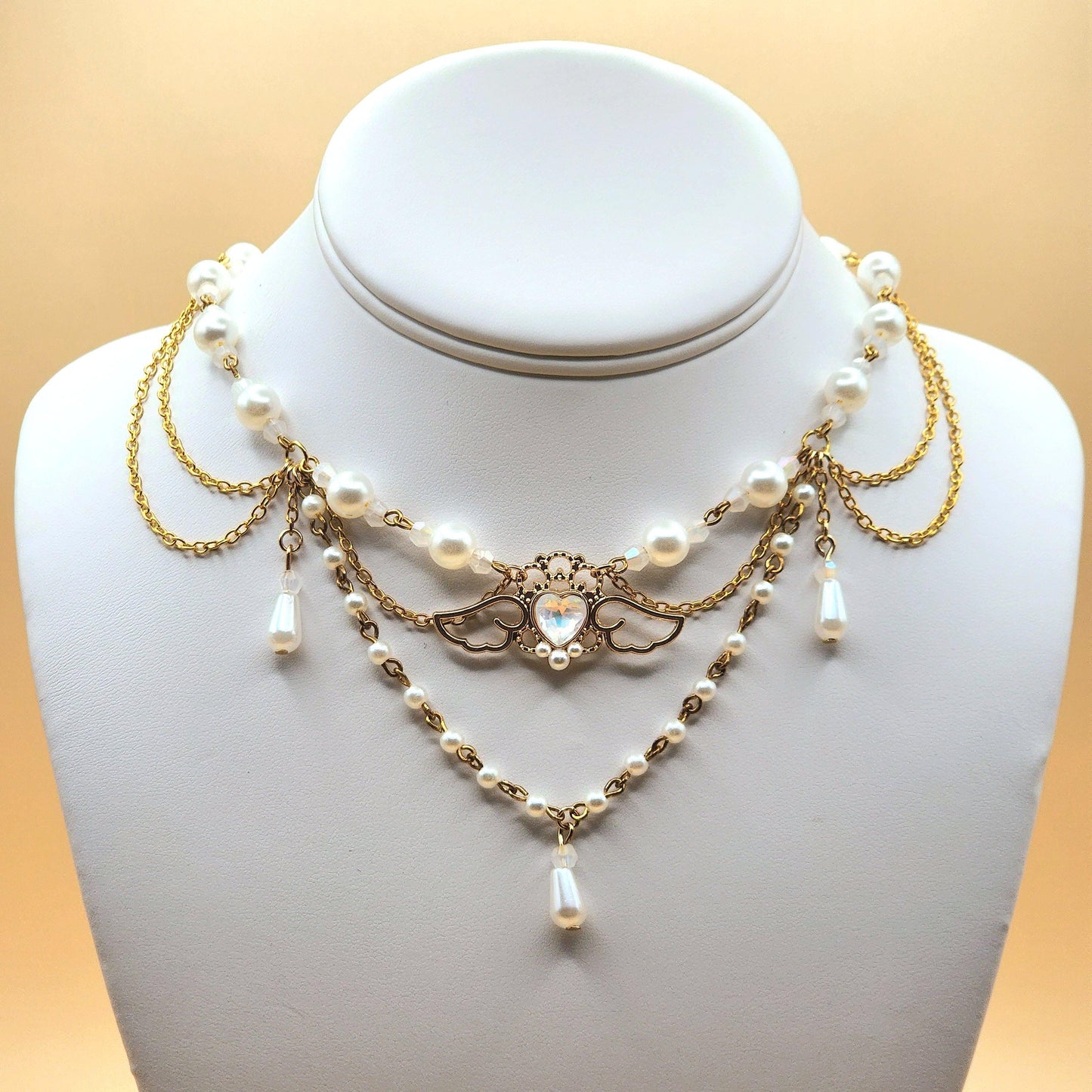 Ethereal Angel Heart Faux Pearl Gold Necklace