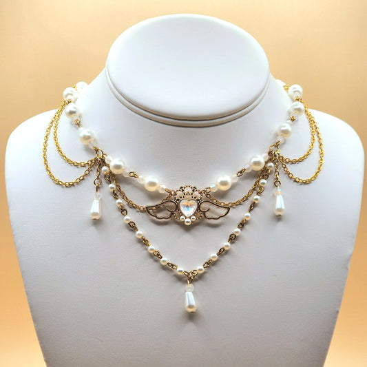 Ethereal Angel Heart Faux Pearl Gold Necklace