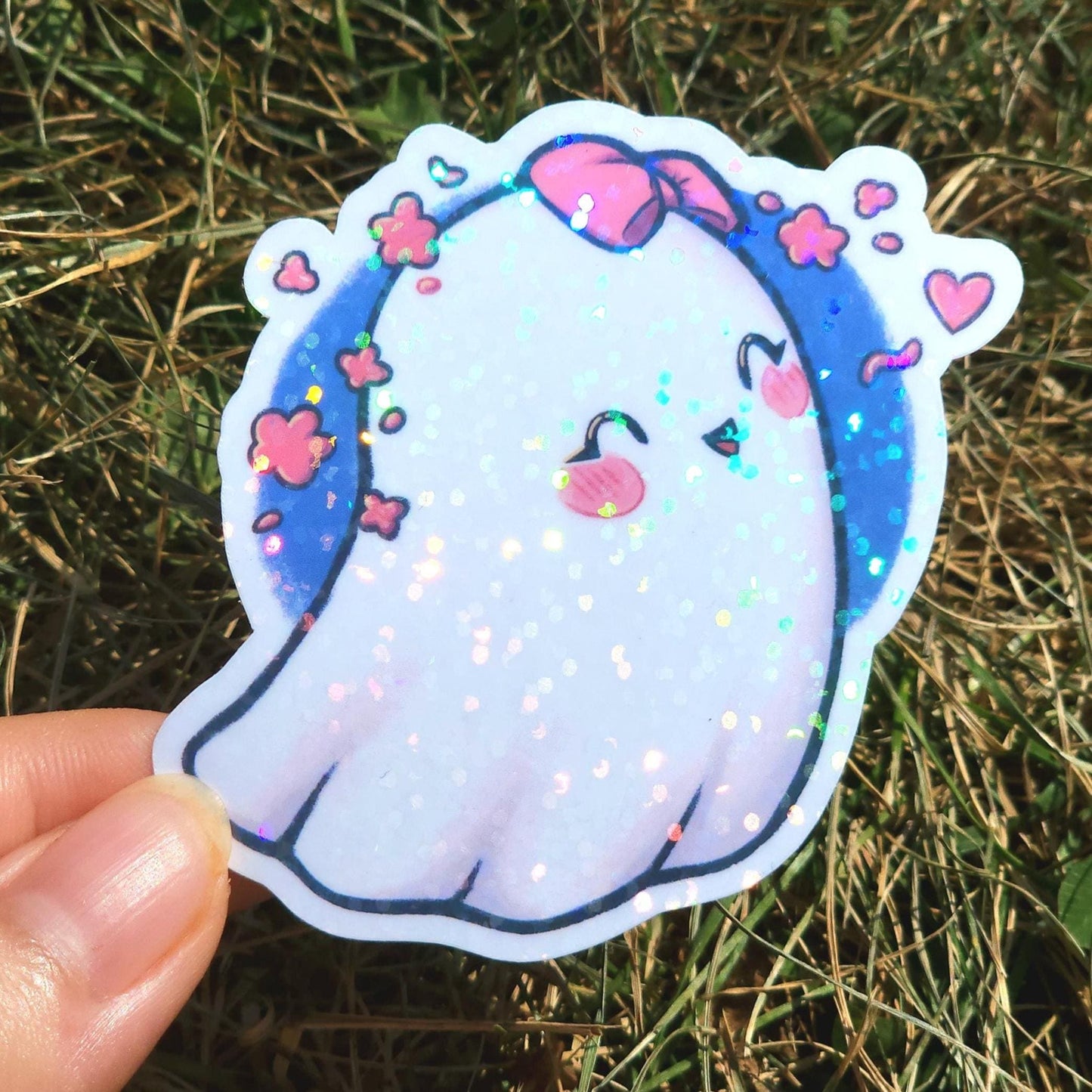 Blushing Girly Heart Ghost Vinyl Sticker