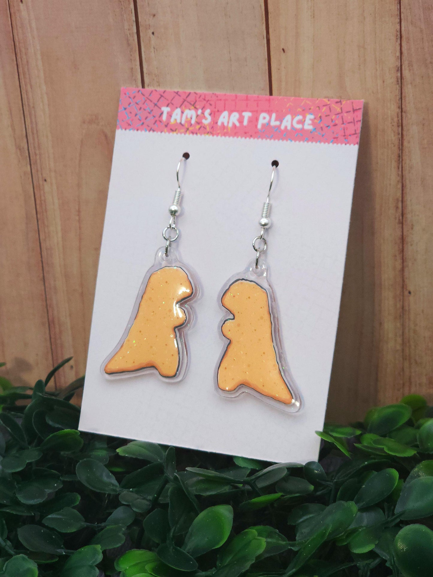 T-Rex Dinosaur Chicken Nugget Glitter Earrings