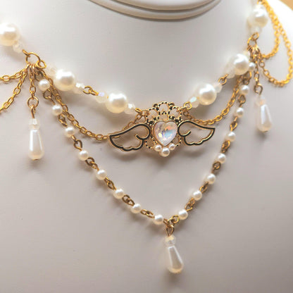 Ethereal Angel Heart Faux Pearl Gold Necklace