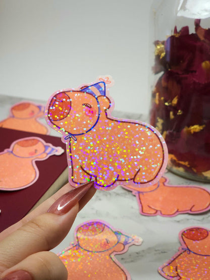 Capybara Party Hat Birthday Holographic Sticker
