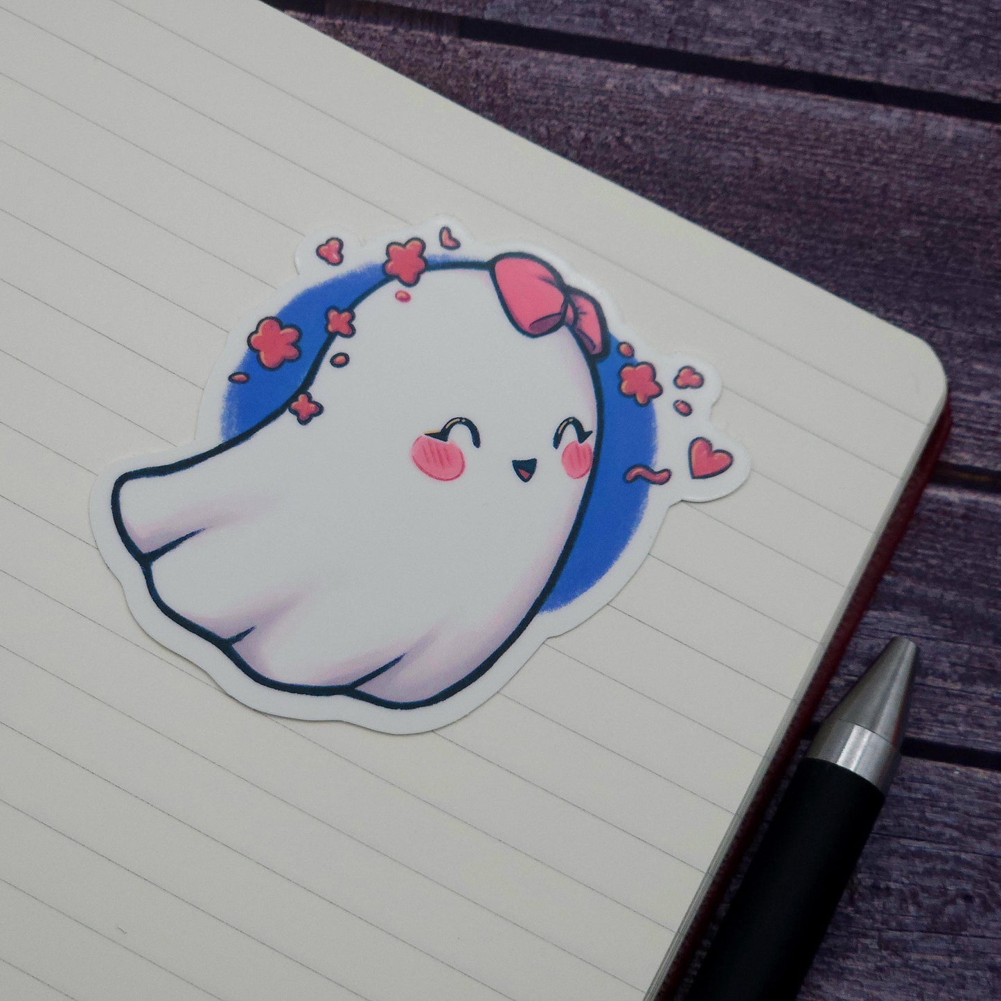 Blushing Girly Heart Ghost Vinyl Sticker