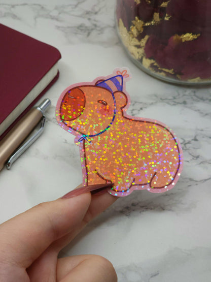 Capybara Party Hat Birthday Holographic Sticker
