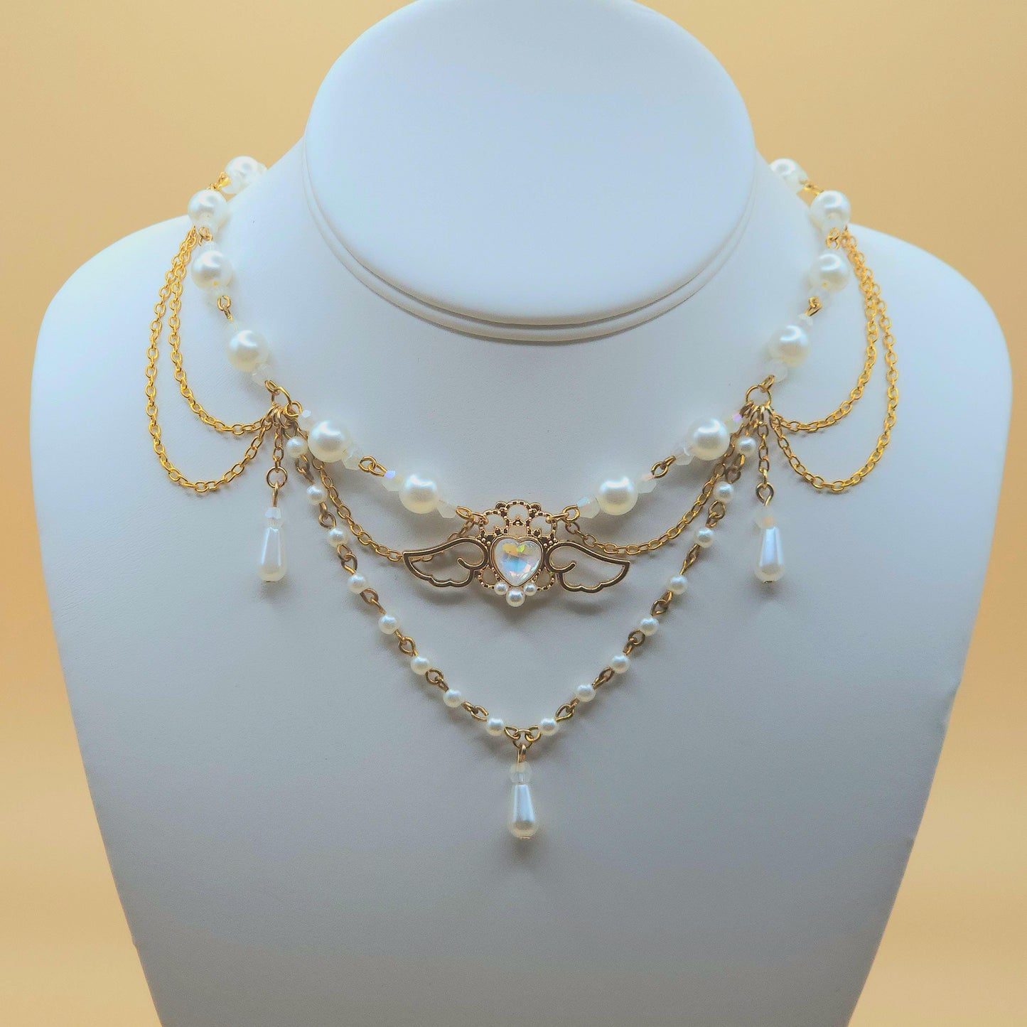 Ethereal Angel Heart Faux Pearl Gold Necklace