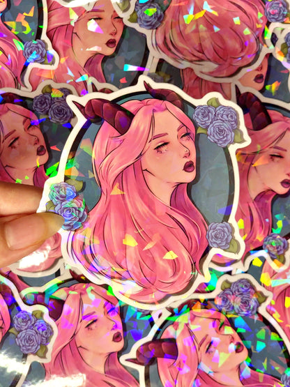 Horned Demon Girl Holographic Vinyl Sticker