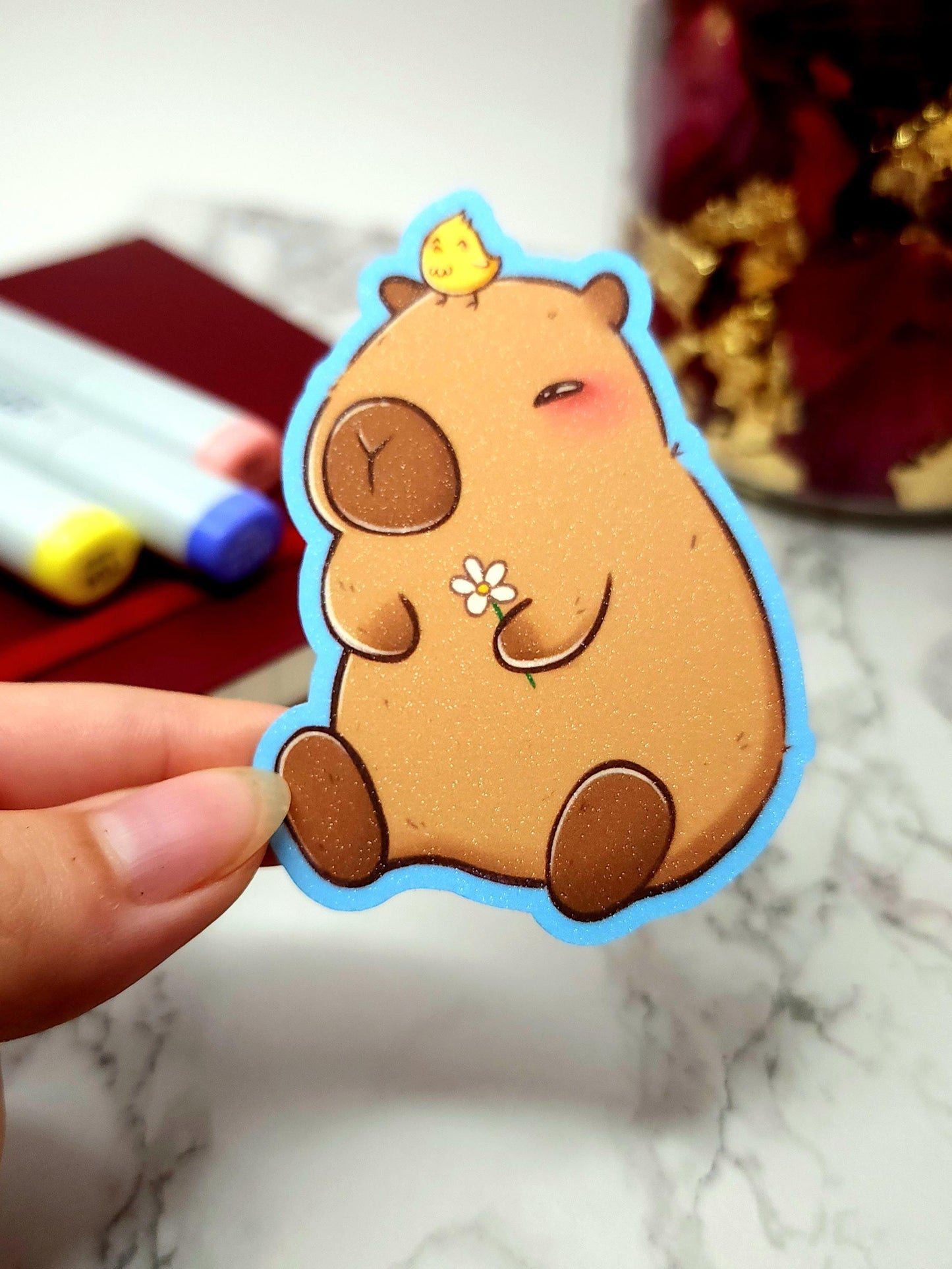 Capybara & Bird Glitter Vinyl Sticker
