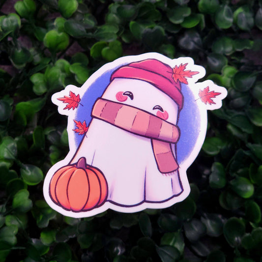 Cozy Autumn Pumpkin Ghost Vinyl Sticker