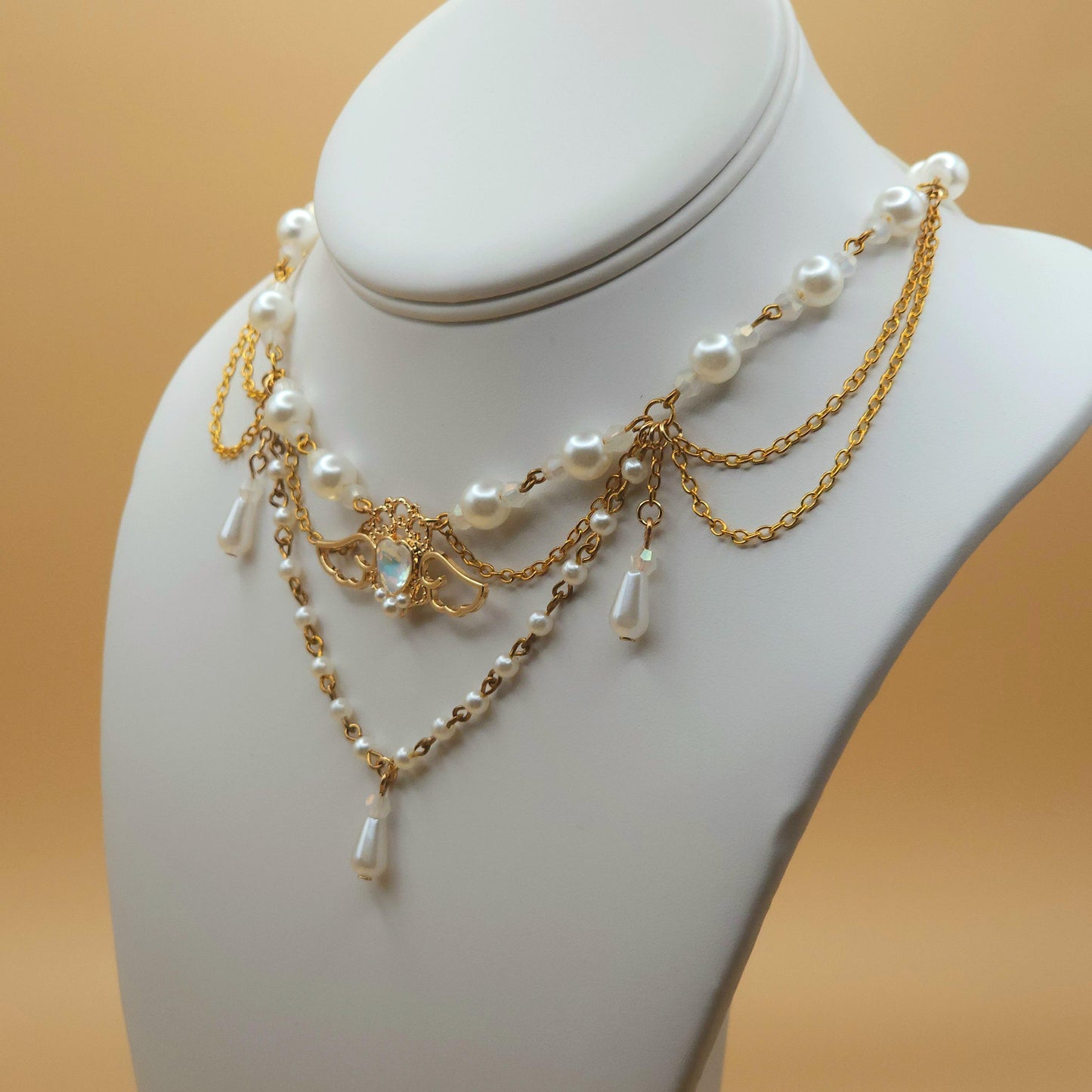 Ethereal Angel Heart Faux Pearl Gold Necklace