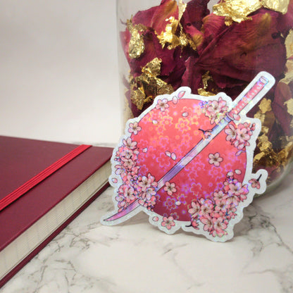 Sakura Cherry Blossom Katana Sword Holographic Vinyl Sticker