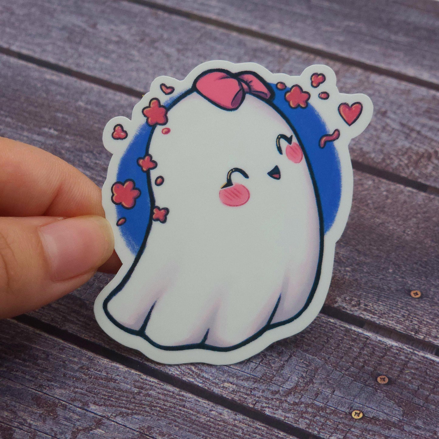 Blushing Girly Heart Ghost Vinyl Sticker