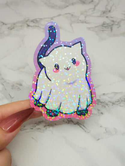 Blanket Ghost Black Cat Holographic Vinyl Sticker