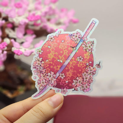 Sakura Cherry Blossom Katana Sword Holographic Vinyl Sticker